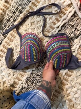 Shade & Shore Gray Bikini Top with Neon Pink, Yellow & Teal Aztec Print